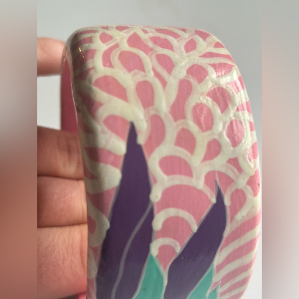 Vintage Hand Painted Wood Bangle Bracelet Pink Blue Abstract Botanical Chunky - Picture 9 of 12